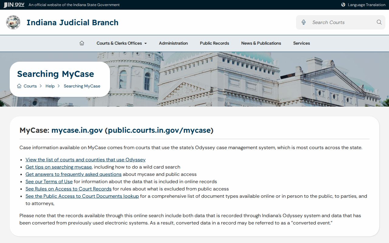 Indiana MyCase help notices for public, party, and attorney access