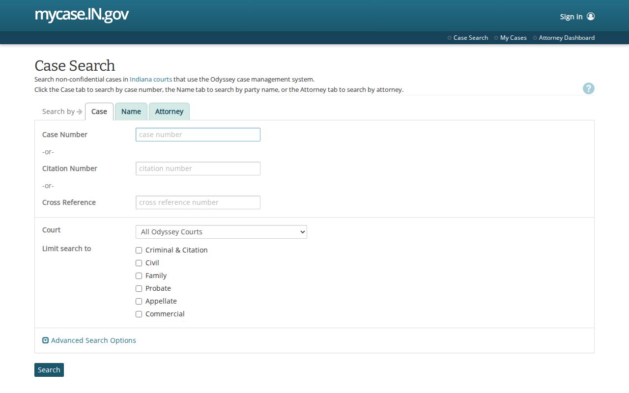 Live Indiana MyCase public search form