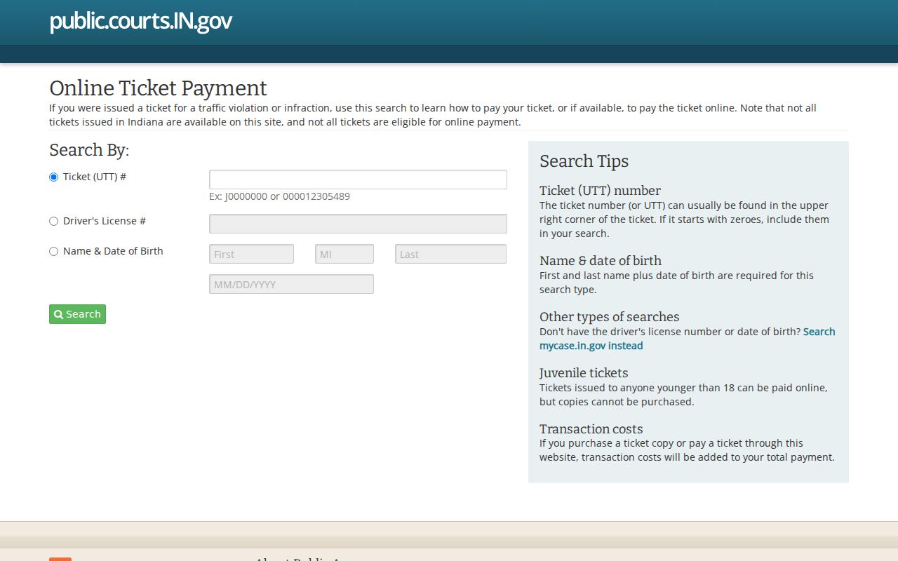 Indiana traffic ePay citation search and payment portal