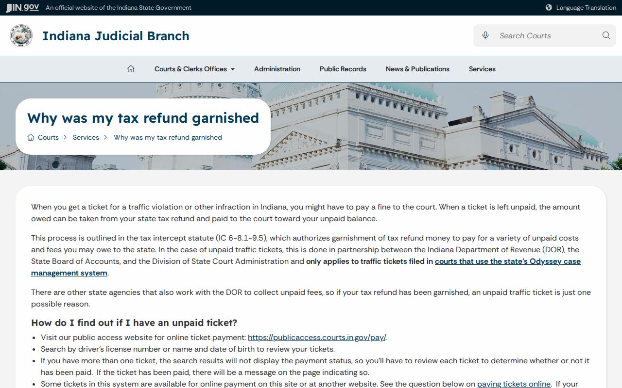 Indiana court ticket payment help and tax refund intercept instructions